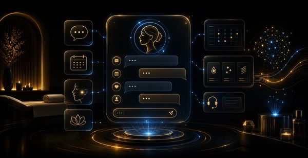 Futuristic AI assistant interface with holographic chat and data icons in a dark room.