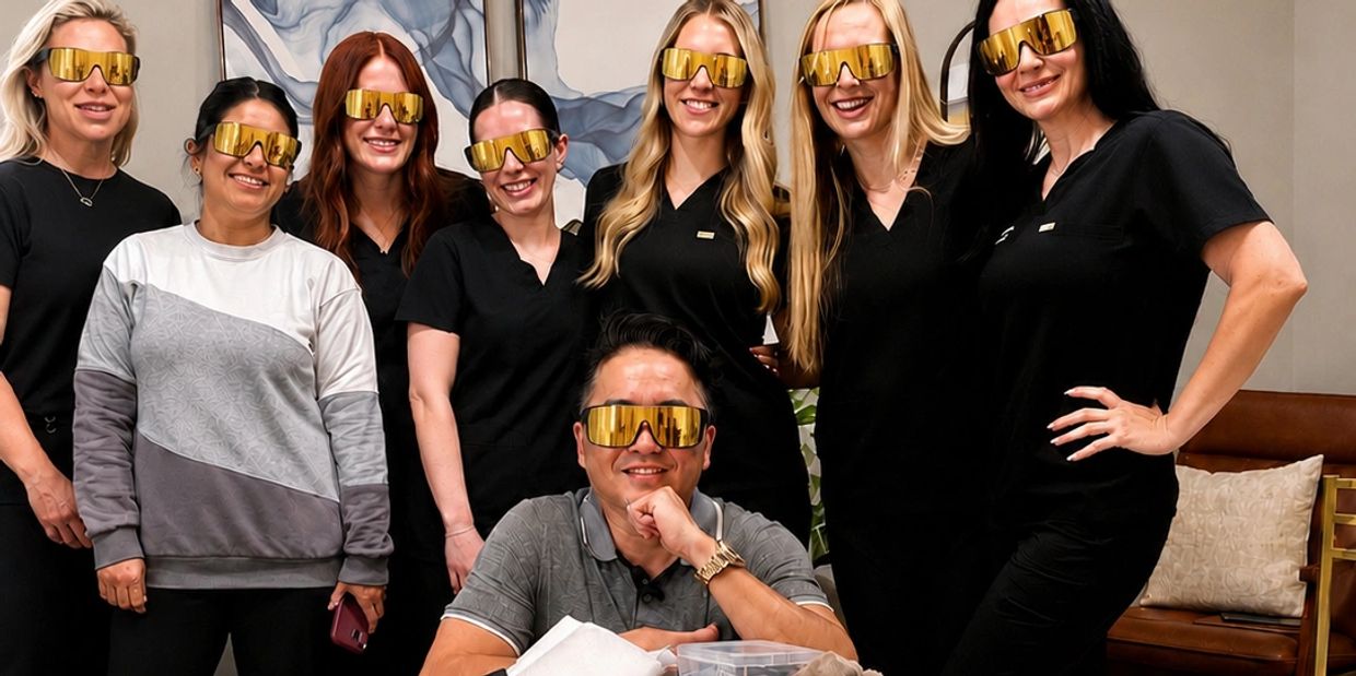 Group of eight smiling people wearing matching reflective sunglasses indoors.
