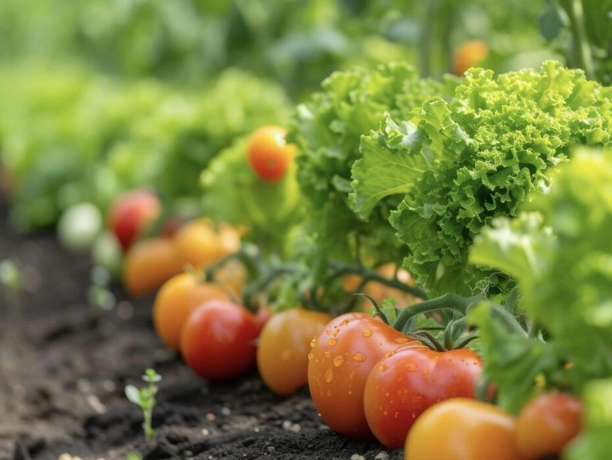 Fresh tomatoes and leafy greens growing in a garden bed.