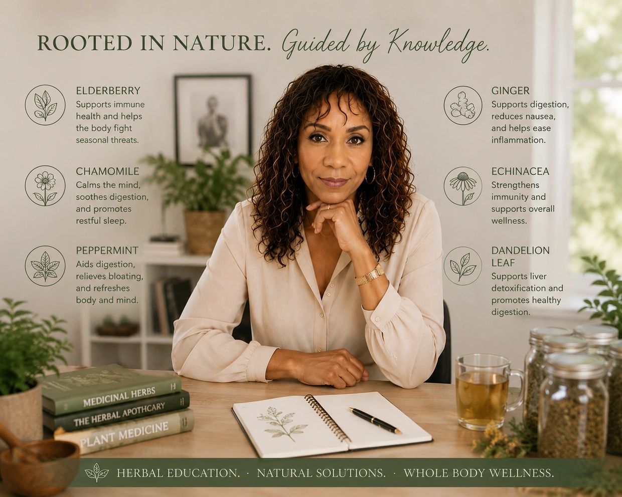 Woman educating about natural herbs and their health benefits.
