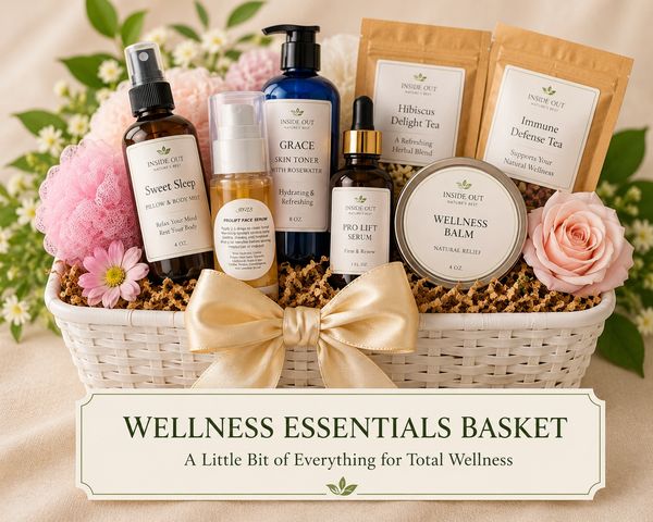A wellness essentials basket with skincare, teas, and balm, beautifully arranged with flowers and a golden bow.