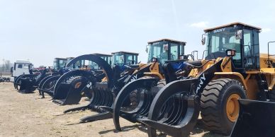 Row of yellow construction loaders with claw attachments.