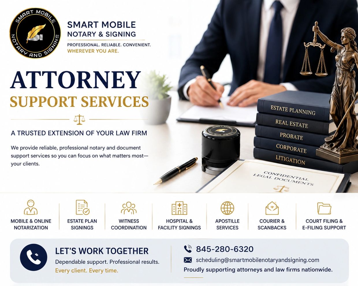 Attorney support services providing reliable notary and document assistance for law firms.