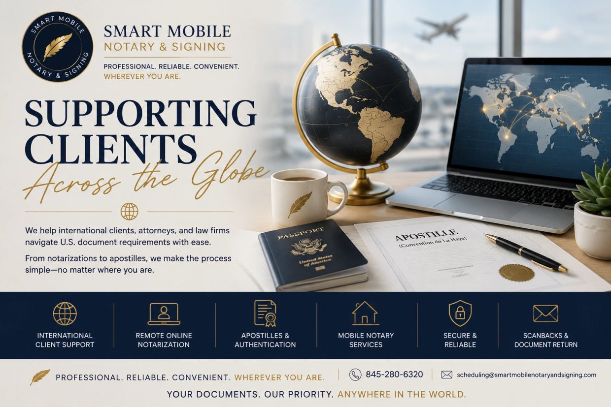 Professional notary services supporting clients worldwide with online notarization and document authentication.