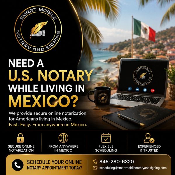 Advertisement for secure online U.S. notary services for Americans in Mexico.