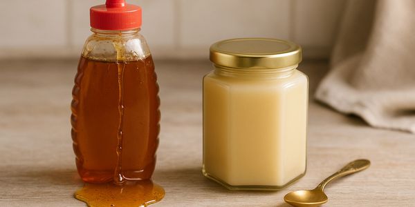 Messy honey bottle beside smooth creamed honey in hex jar with gold lid on rustic counter