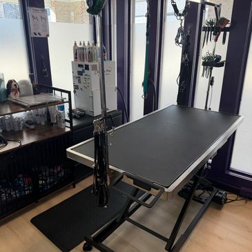 A clean grooming table setup with tools in a bright room.