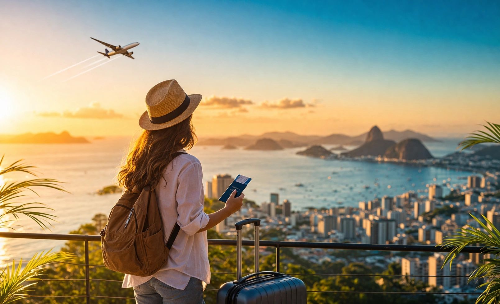 A traveler watches a plane take off over a coastal city at sunset.