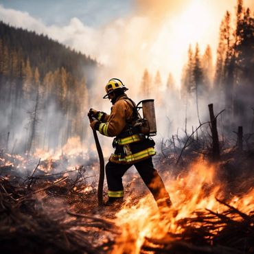 Firefighter battling wildfire in tall trees 