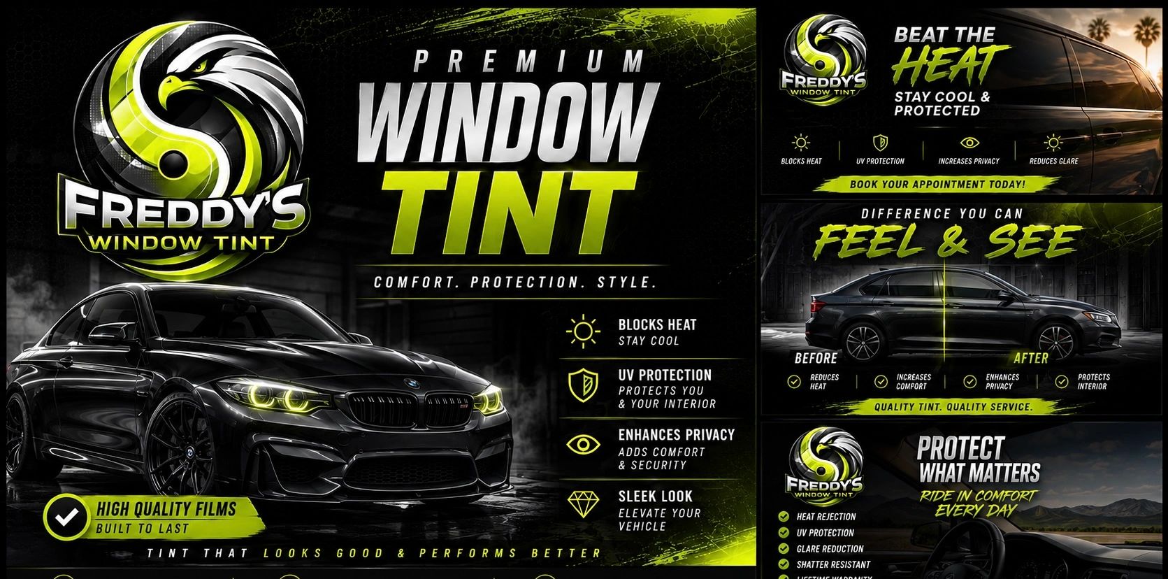 Freddy's Premium Window Tint offers comfort, protection, and style with high-quality films.