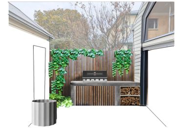 Modern outdoor grill area with wood storage and climbing plants on a wooden fence.