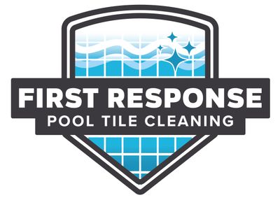 Logo for First Response Pool Tile Cleaning featuring clean blue tiles and sparkle effects.