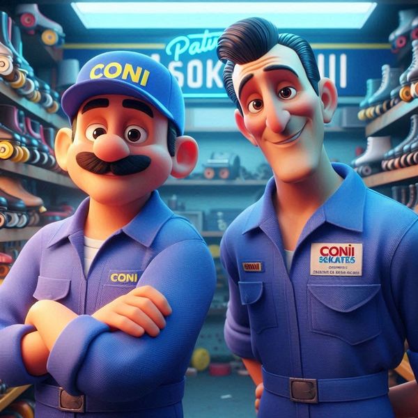 Mario y Aldo arreglando patines, estan haciendo services de patines. pueden ser italianos o nacional