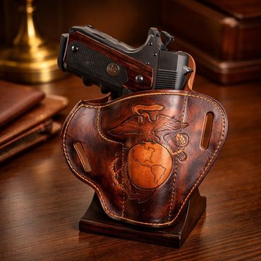 Classic pistol in leather holster with emblem.