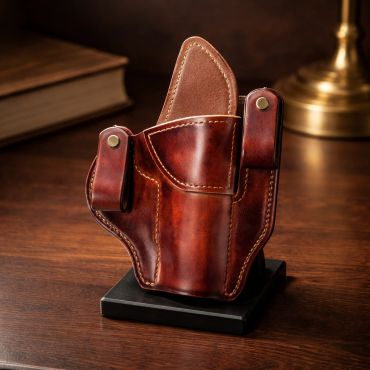 Brown leather gun holster on a wooden surface.