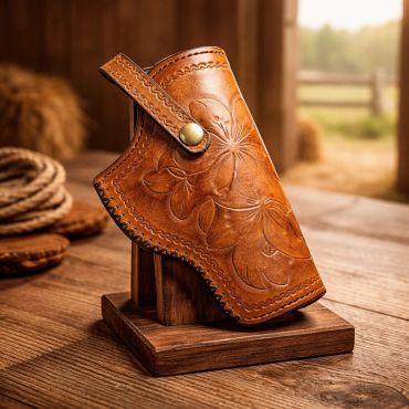 Handcrafted leather gun holster with floral engraving.