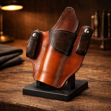 Brown leather gun holster on a black stand.