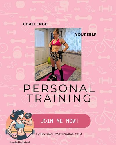 Woman standing on a pink exercise mat in home gym, wearing workout gear with dumbbell nearby. Promot