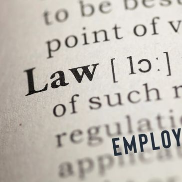 Close-up of the word 'Law' in a dictionary with 'Employment' overlayed.