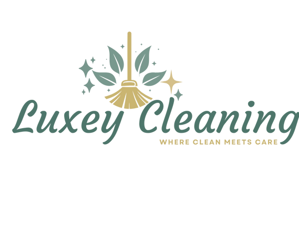 Luxey Cleaning logo with broom, leaves, and tagline.