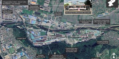Annotated satellite image of an industrial site with multiple labeled sections.