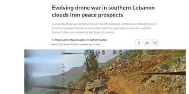 News headline about drone war in southern Lebanon affecting Iran peace prospects.