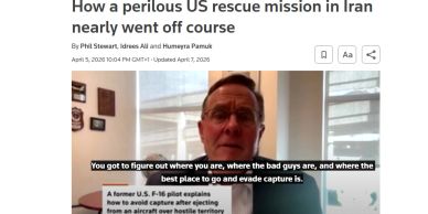 Video still of a man explaining a perilous US rescue mission in Iran.