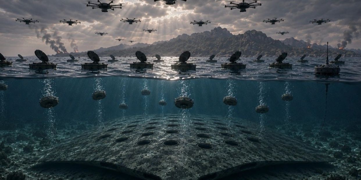 Drones flying over water with underwater devices and a submerged structure.