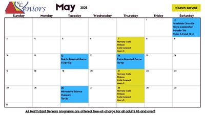 May 2026 calendar for North East Seniors with events and lunch details.