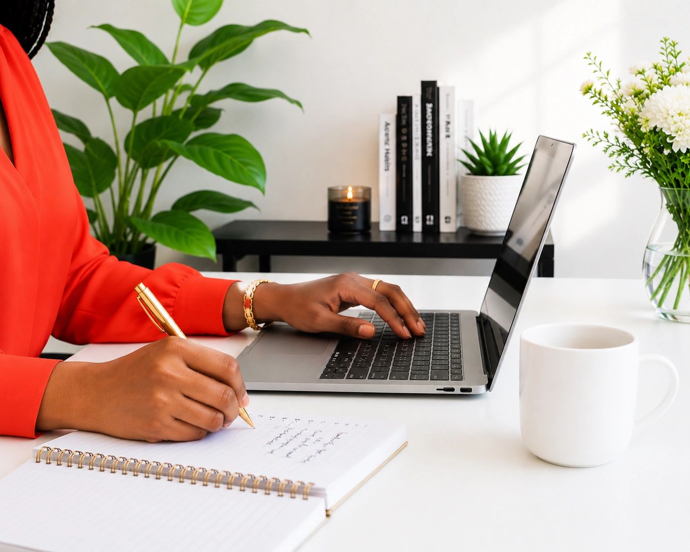 Person multitasking with laptop and notebook at a clean, plant-decorated desk.