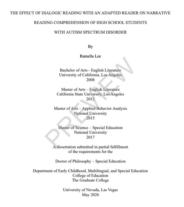 Title page of a PhD dissertation on dialogic reading and autism spectrum disorder.