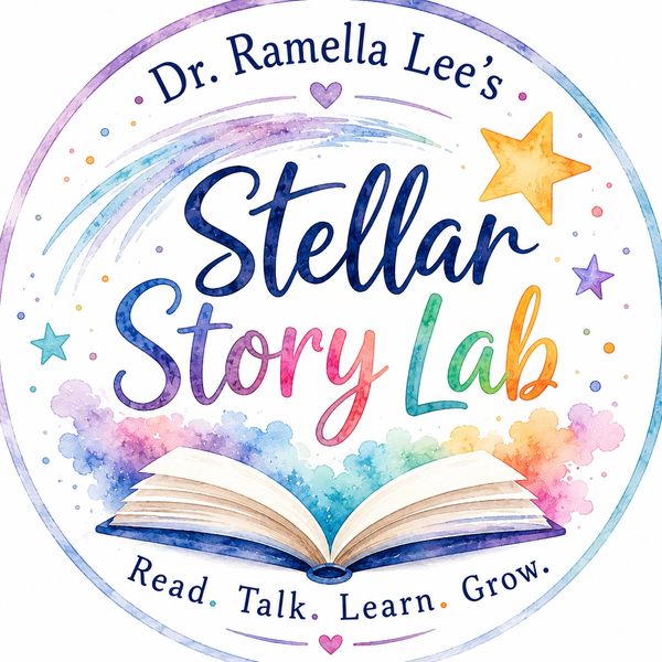 Colorful logo for Dr. Ramella Lee's Stellar Story Lab with an open book and stars.