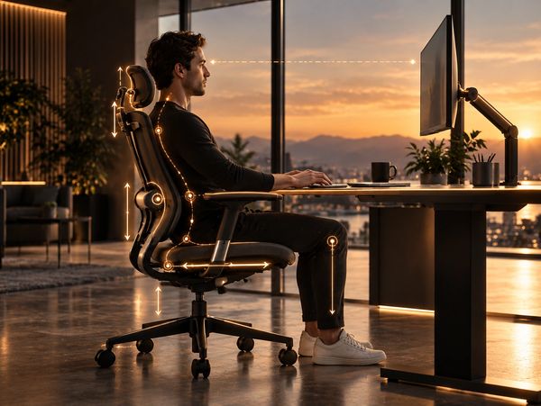 Mann sitzt ergonomisch auf einem Stuhl am Schreibtisch mit Computer.
