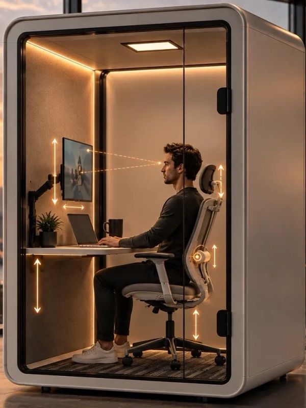 Mann arbeitet ergonomisch in einer modernen Arbeitskabine mit verstellbarem Stuhl und Bildschirm.