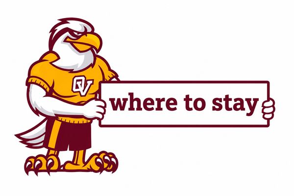 Eagle mascot holding a sign that says 'where to stay'.