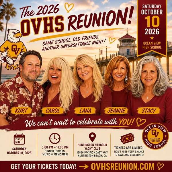 2026 OVHS Reunion event announcement with five smiling people.