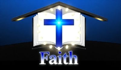 Glowing cross and Bible symbol with the word Faith beneath on a dark background.