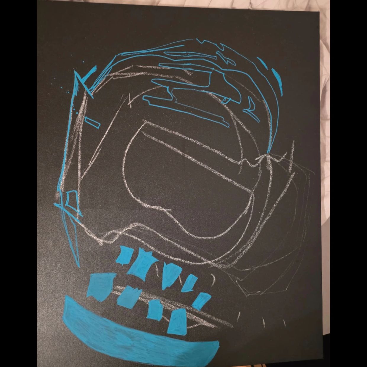 Abstract blue and white lines on black canvas forming a rough face shape.