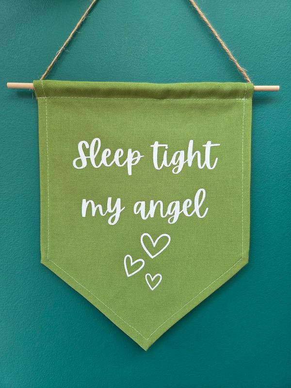 Wall decor for nursery in green, sleep tight my angel, scandi decor, new baby or baby shower gift
