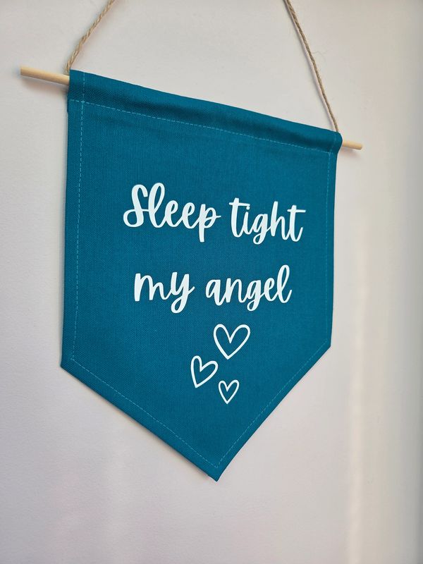 Wall decor for nursery in teal, sleep tight my angel, scandi decor, new baby or baby shower gift