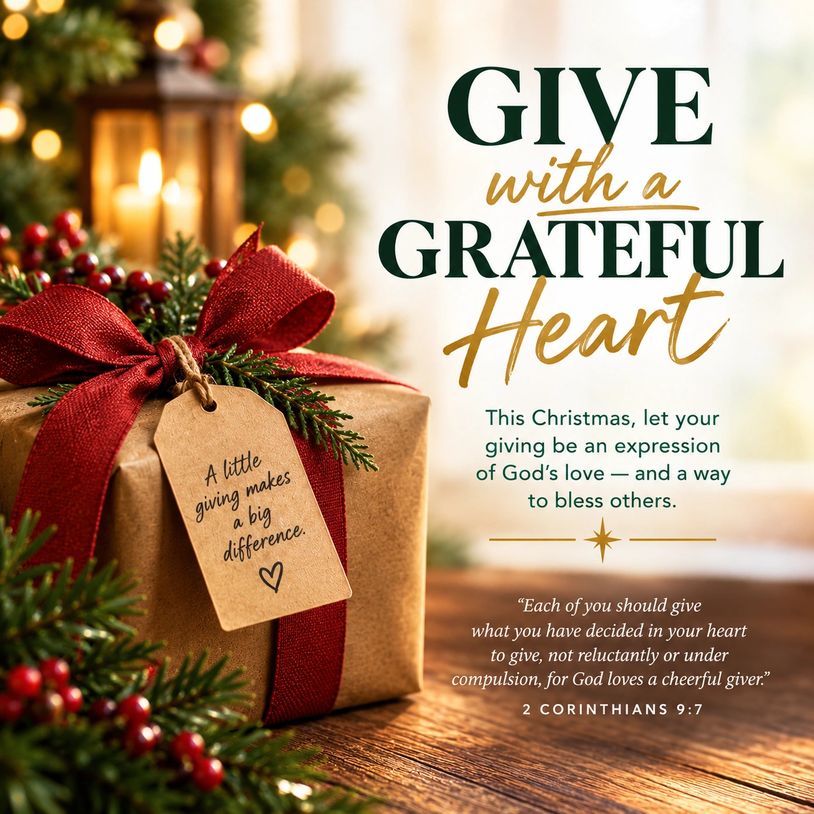Christmas gift with a red bow and inspirational giving message.