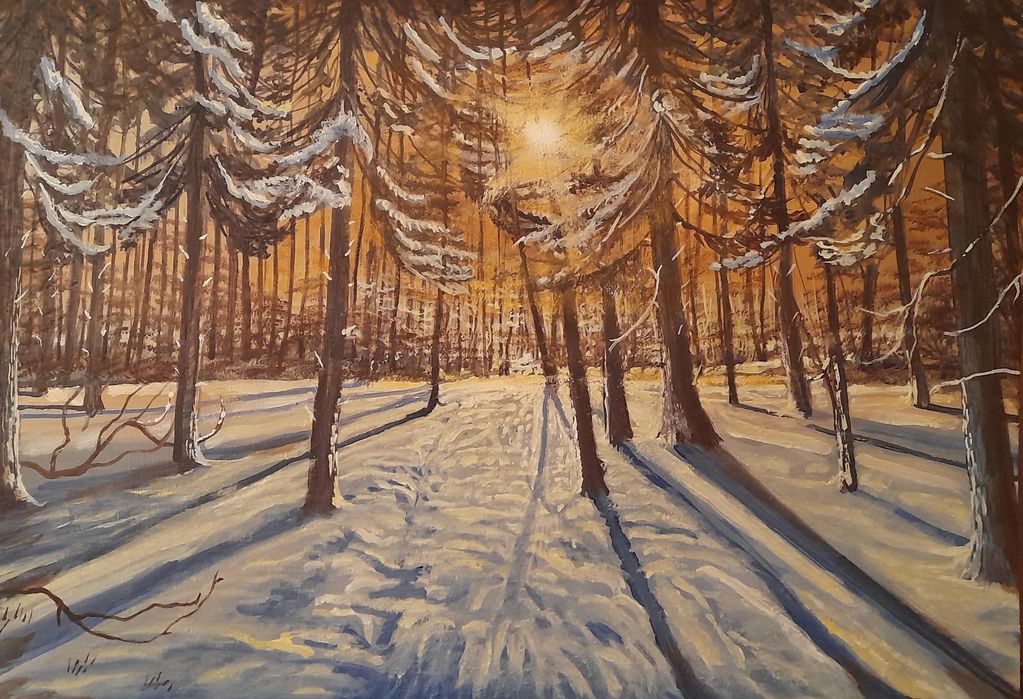 Sunburst through the snow forest, Original oil painting on board.