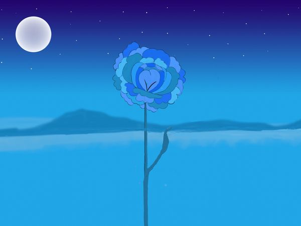 A blue flower grows out of a blue field dominating the foreground.  A full moon are the background
