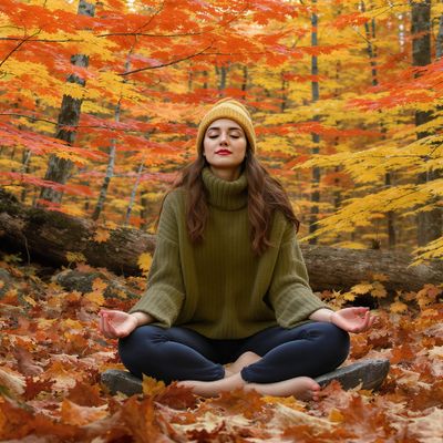 A woman meditates in a forest surrounded by autumn leaves of yellow and gold.  