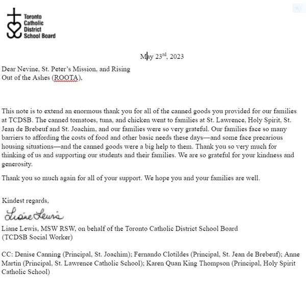 A "Thank You" note from the Toronto Catholic District School Board in May 2023