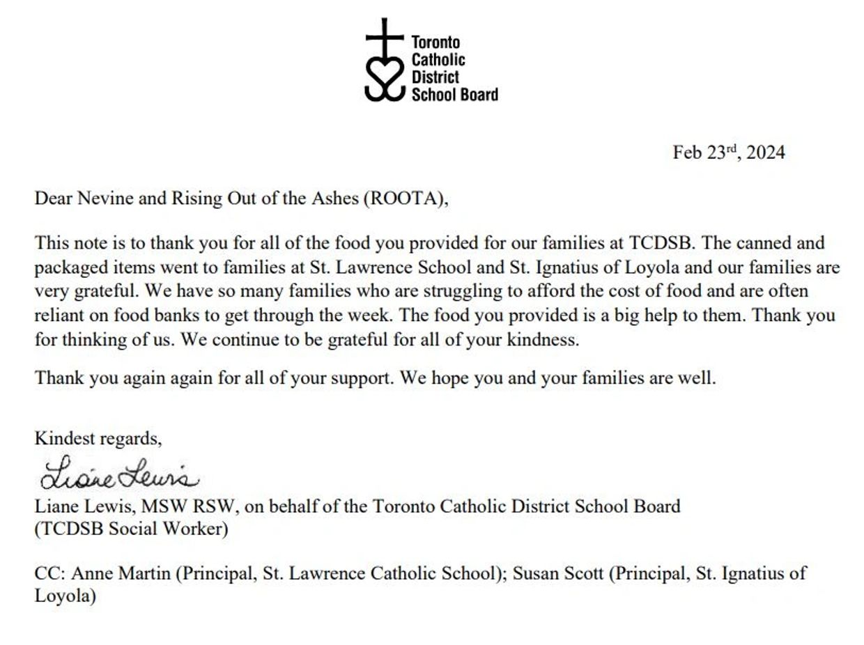 A "Thank You" note from the Toronto Catholic District School Board in February 2024