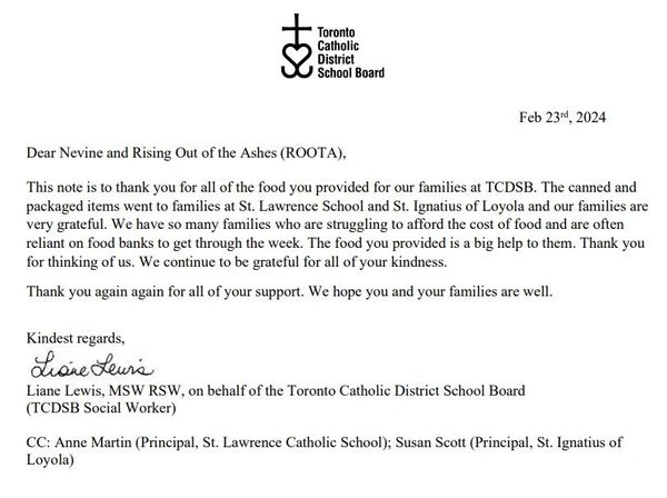 A "Thank You" note from the Toronto Catholic District School Board in February 2024