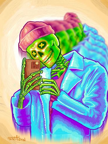Selfie digital painting of day of the dead skeleton taking pic by Estabon Jay Tittle