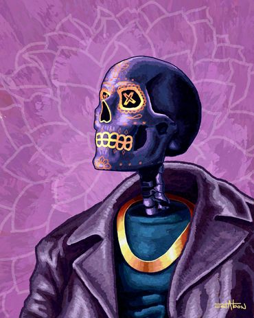 Digital painting of day of the dead skeleton wearing gold chain and jacket by Estabon Jay Tittle