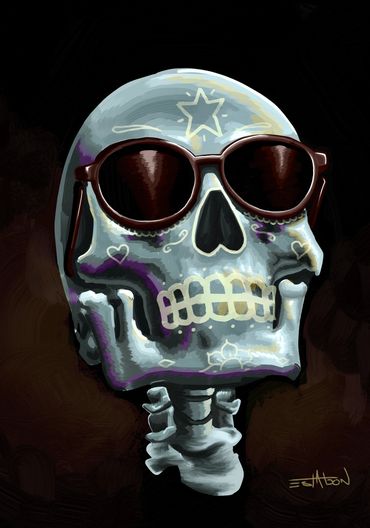 “Shades” digital painting of day of the dead skull on dark background by Estabon Jay Tittle